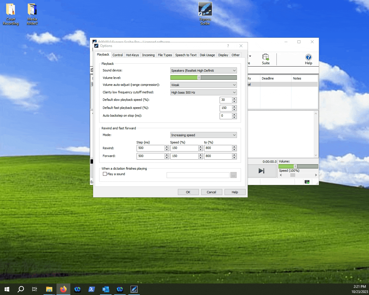 Editing the playback speed in Express Scribe.